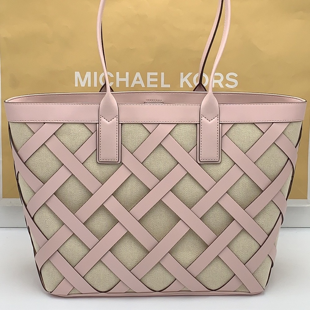 Michael Kors Sienna Large Tote Shoulder Bag Powder Blush Leather Canvas - Picture 3 of 16